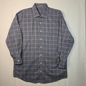 J. HILBURN MENS LONG SLEEVE PLAID BUTTON DOWN CUSTOM MADE BLUE TAN XL